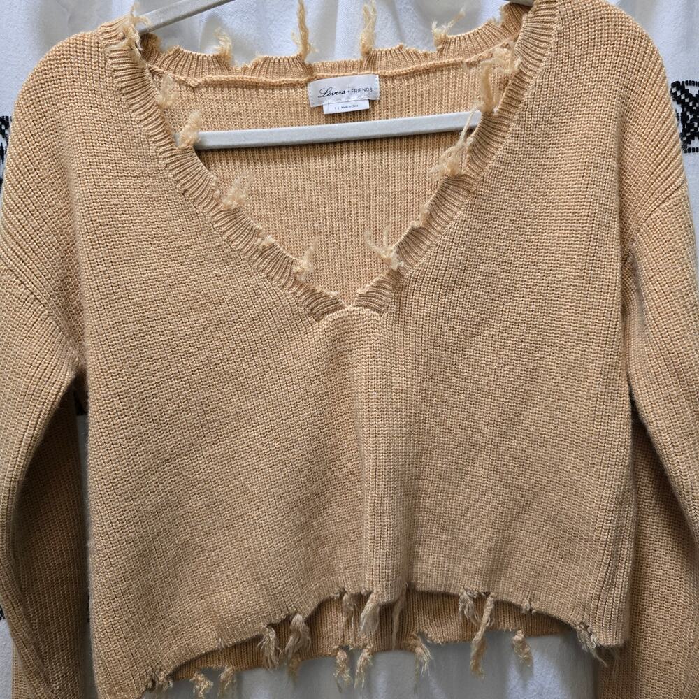 Lovers and Friends camel brown cropped distressed knit sweater V-neck small - Picture 8 of 11